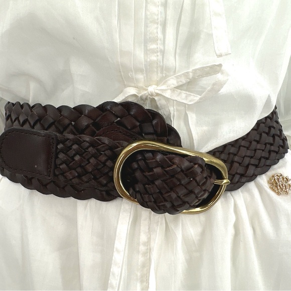 Brown Genuine Leather Asymmetrical Braided Belt with Gold Hardware
